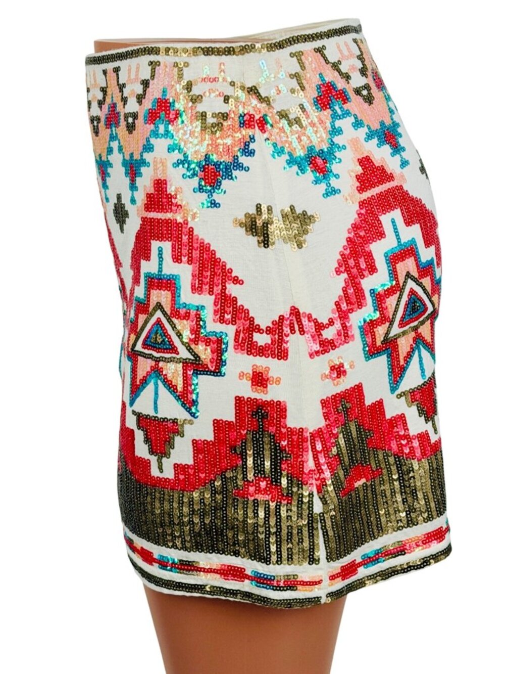 Miami Francescas Sequin Mini Skirt M| Indie Sleaze Bodycon Glam Boho Y2K10 Aztec - Picture 8 of 16